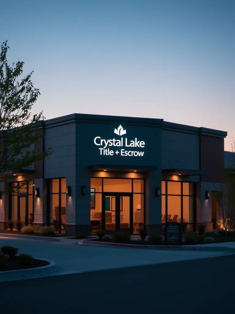 A modern office building with the Crystal Lake Title & Escrow logo prominently displayed, representing the company's commitment to professional and reliable service.